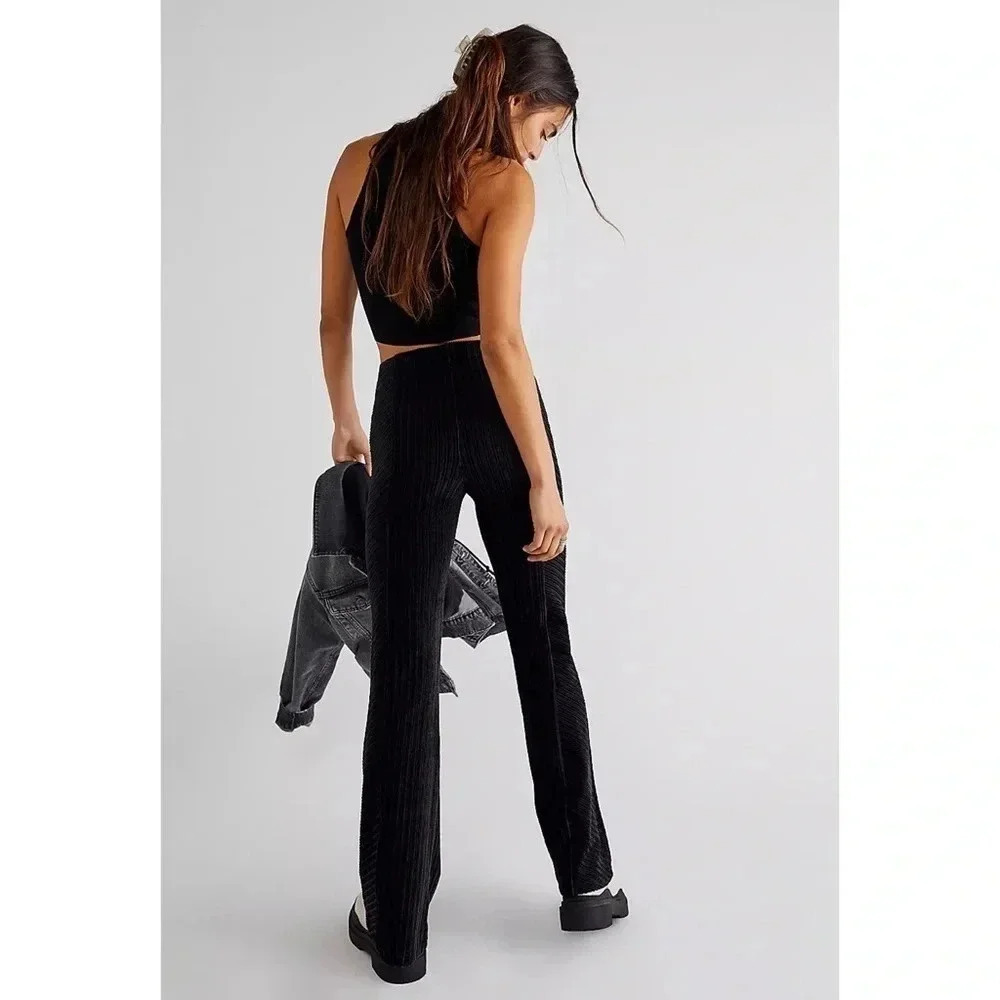 New Free People Slim Pull-On Velvet Flare Pants Black XS - Picture 4 of 14
